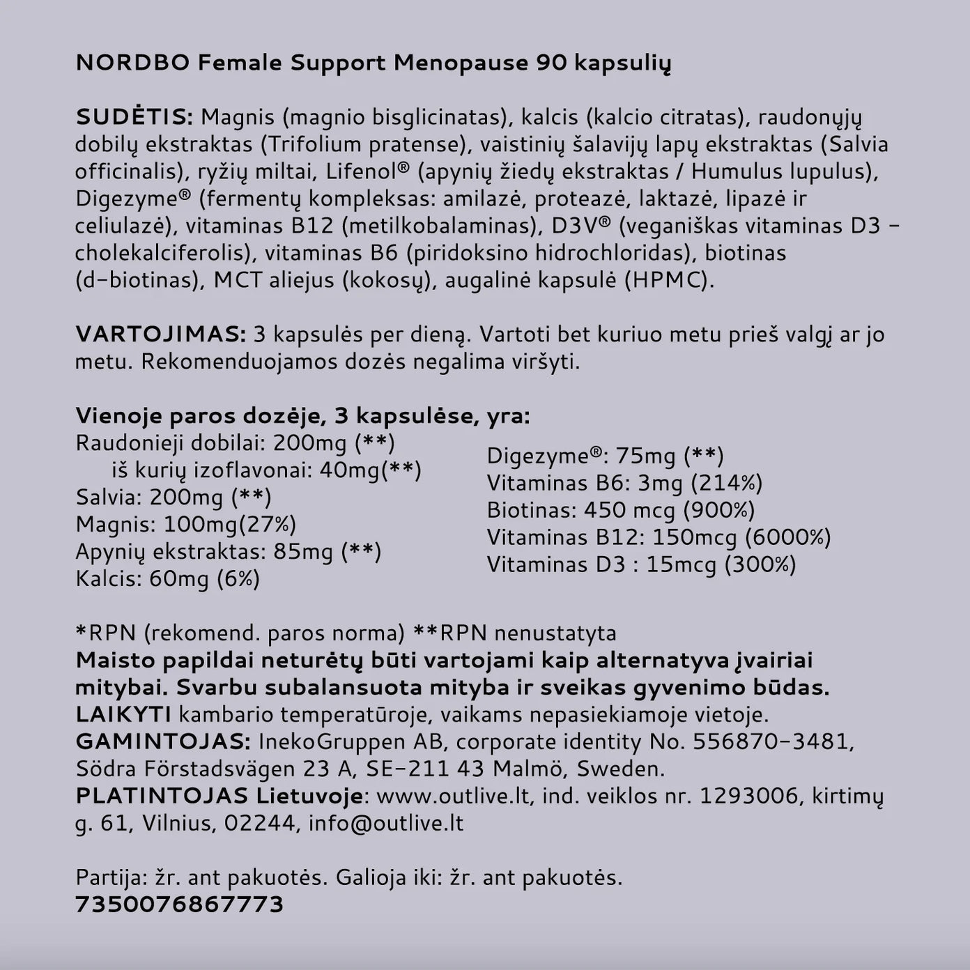 NORDBO Female Support Menopause moterų savijautai menopauzės metu, 90 kapsulių