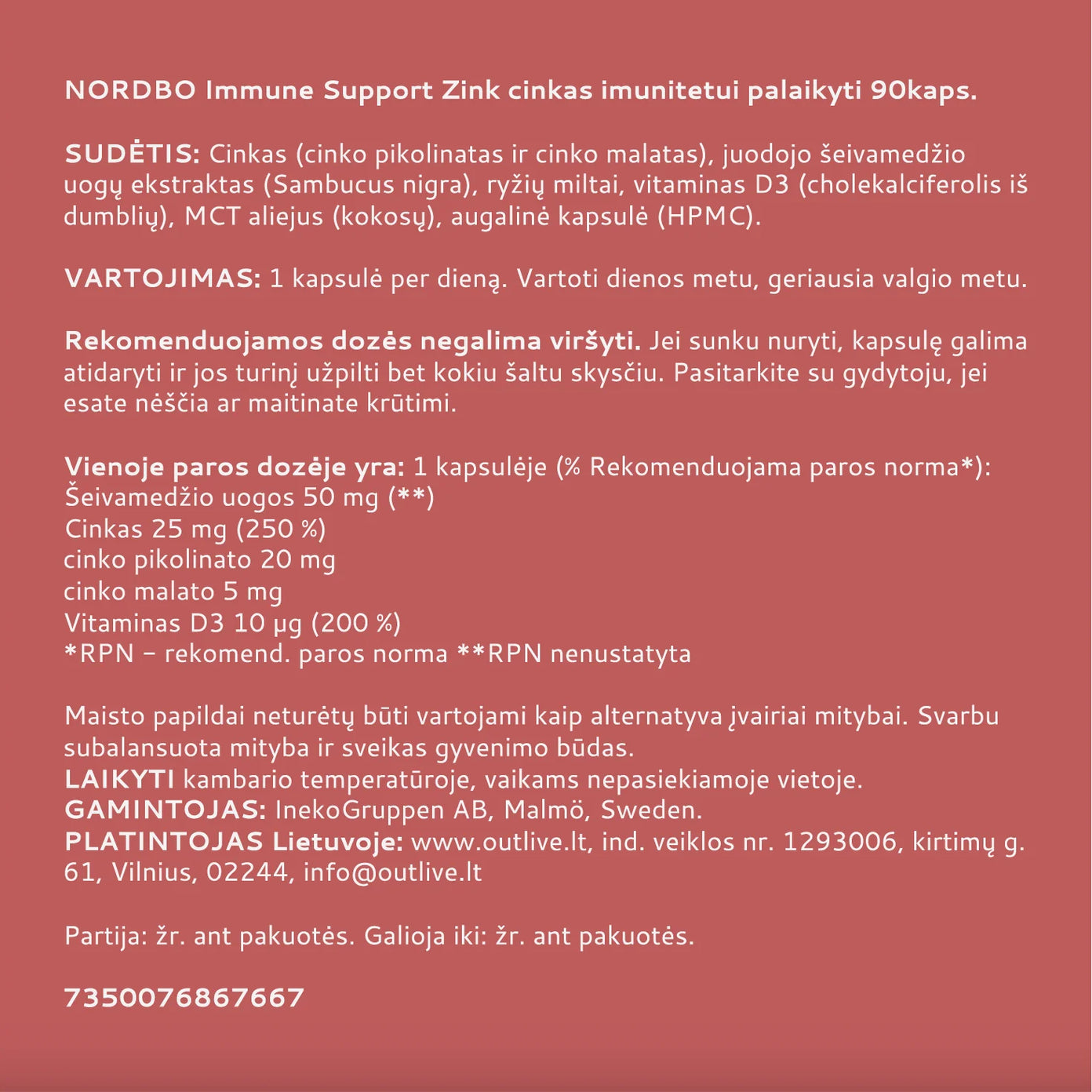 NORDBO Immune Support Zink cinkas su šeivamedžiu ir vitaminu D3 imunitetui, 90 kaps.