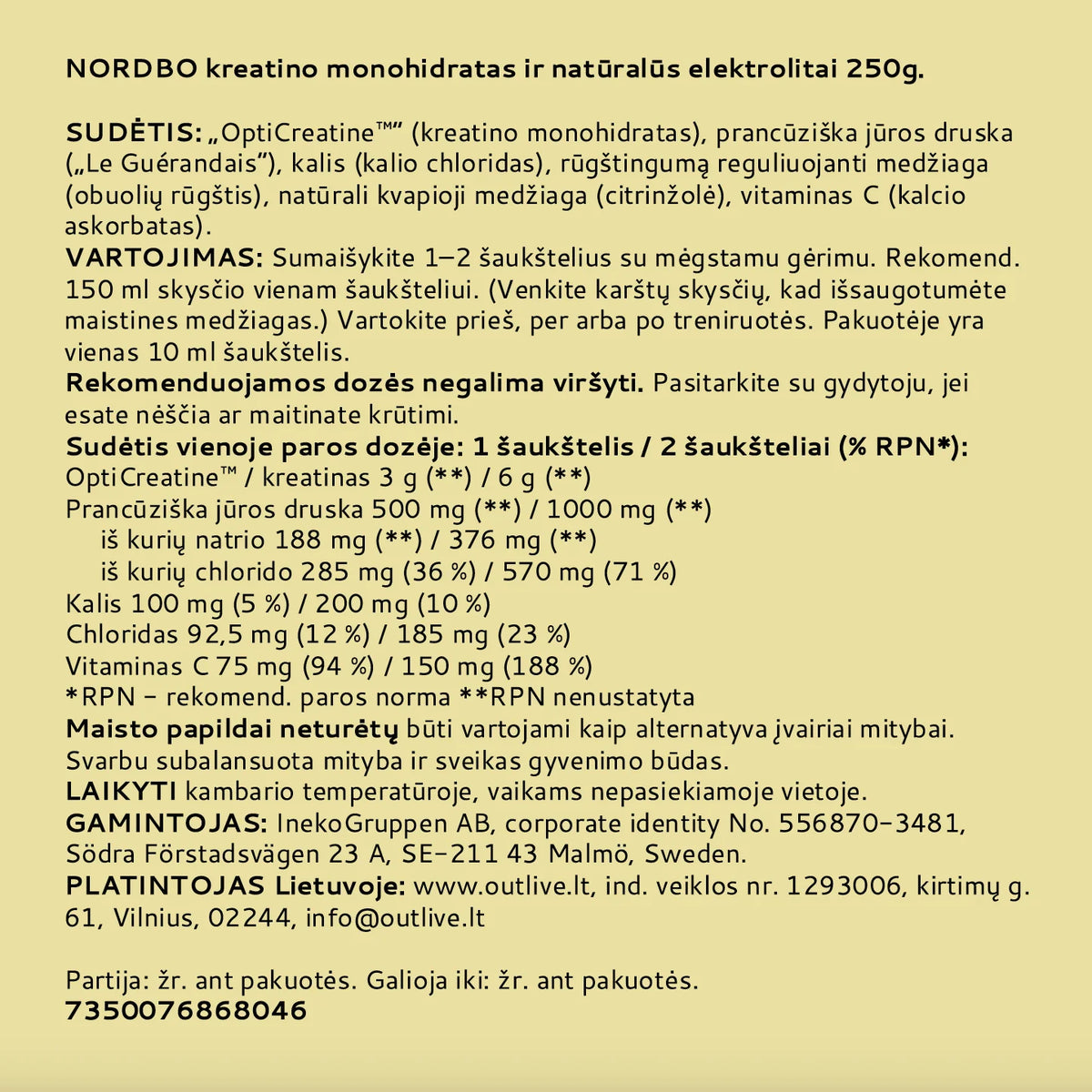 NORDBO kreatino monohidratas OptiCreatine™ su natūraliais elektrolitais, citrinžolės skonio, 250 g