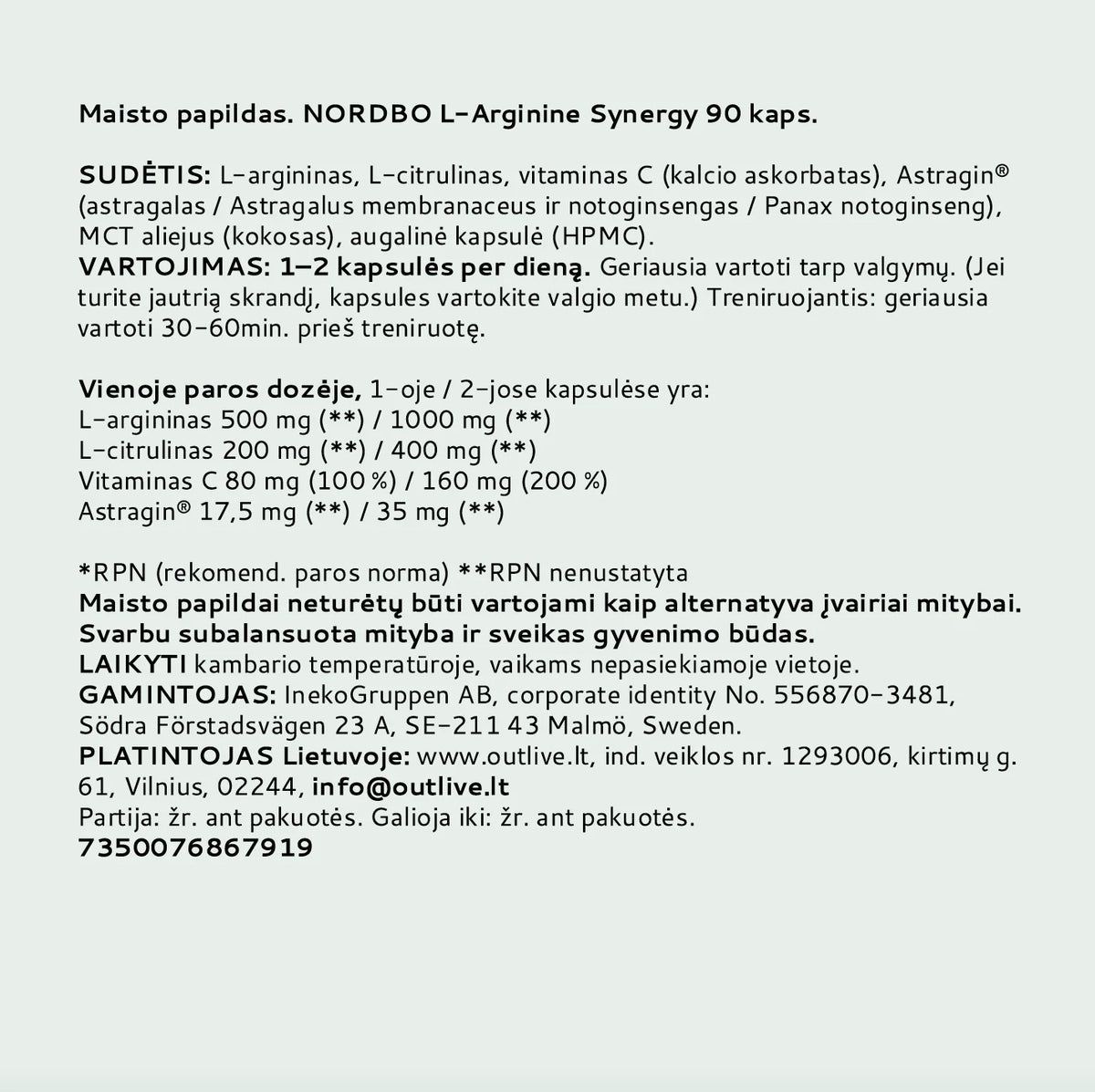 NORDBO L-Arginine Synergy L-argininas su L-citrulinu ir vitaminu C, 90  kapsulių