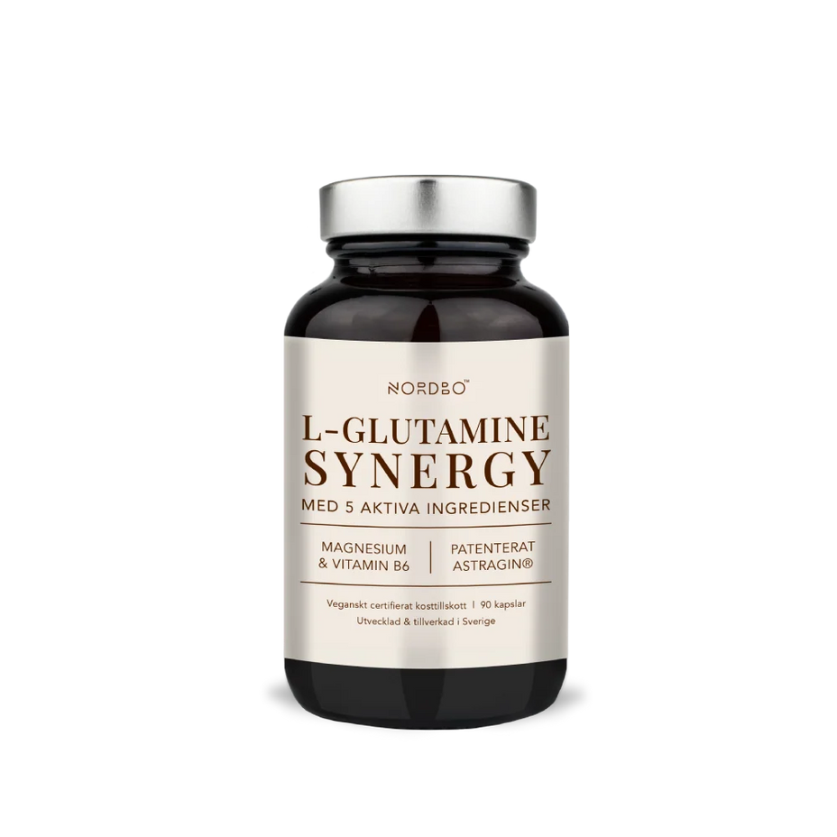 NORDBO L-Glutamine Synergy L-glutaminas raumenims, žarnynui ir odai, 90 kaps.