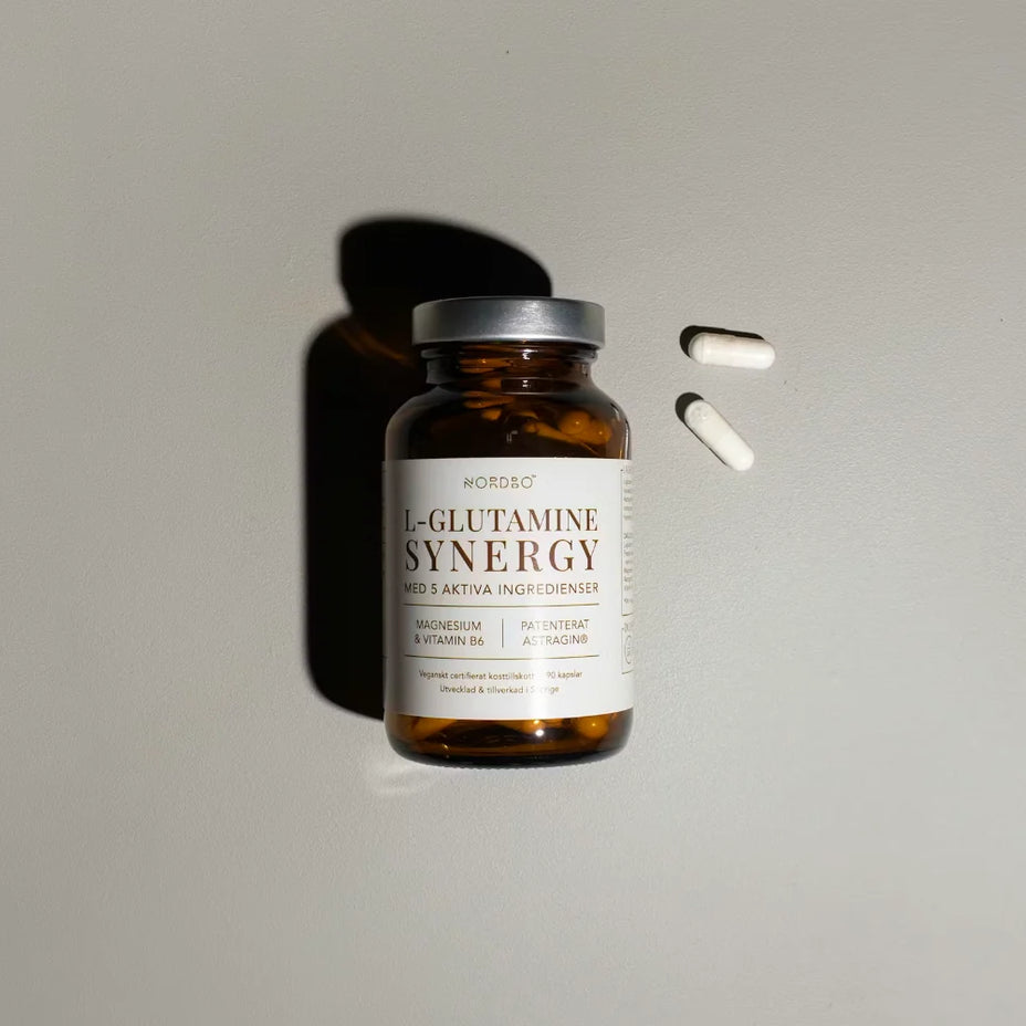 NORDBO L-Glutamine Synergy L-glutaminas raumenims, žarnynui ir odai, 90 kaps.