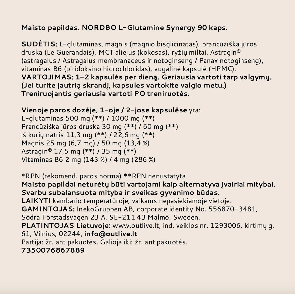 NORDBO L-Glutamine Synergy L-glutaminas raumenims, žarnynui ir odai, 90 kaps.