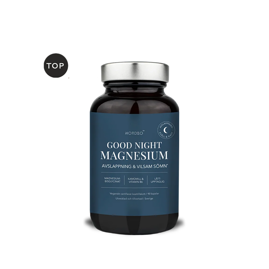 NORDBO Good Night Magnesium magnis su ramunėlėmis ir vitaminu B6 miegui ir atsipalaidavimui, 90 kaps.