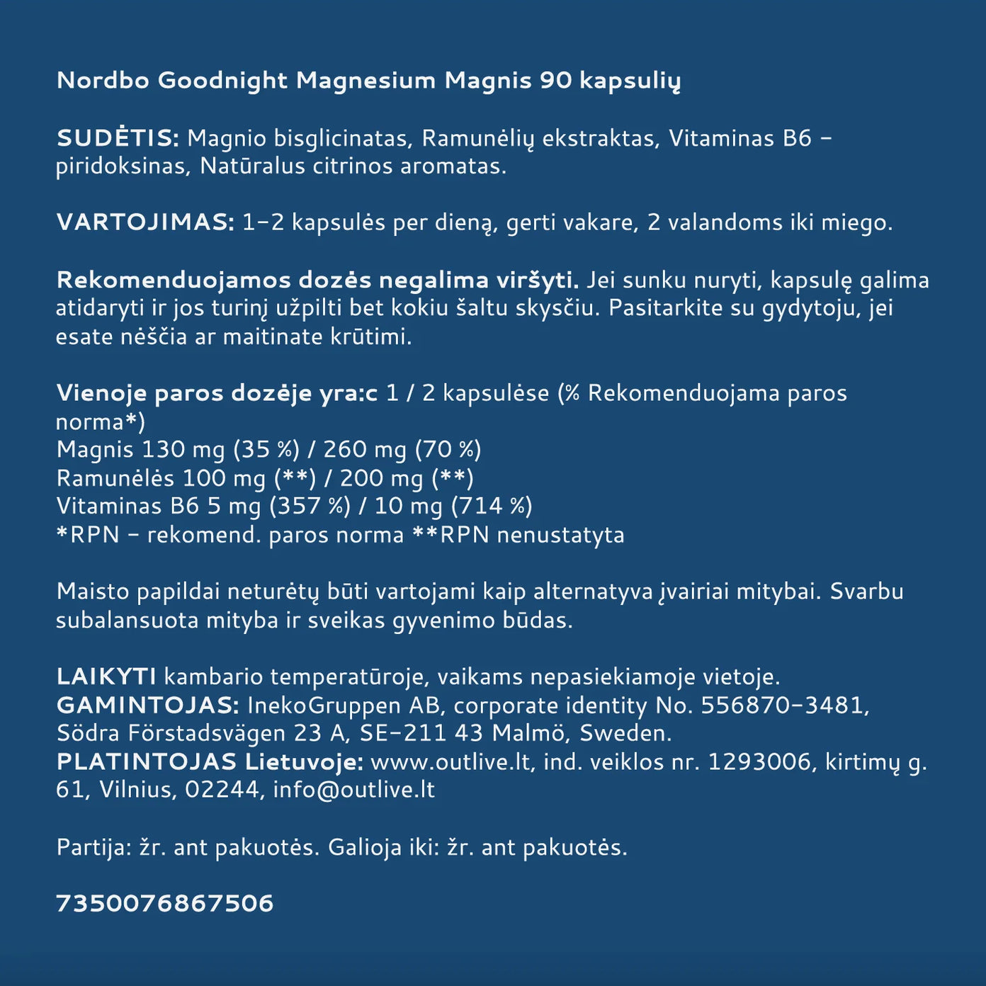 NORDBO Good Night Magnesium magnis su ramunėlėmis ir vitaminu B6 miegui ir atsipalaidavimui, 90 kaps.