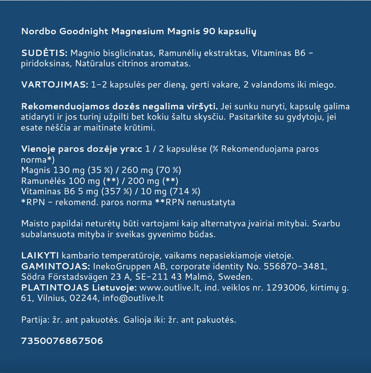 NORDBO Good Night Magnesium magnis su ramunėlėmis ir vitaminu B6 miegui ir atsipalaidavimui, 90 kaps.