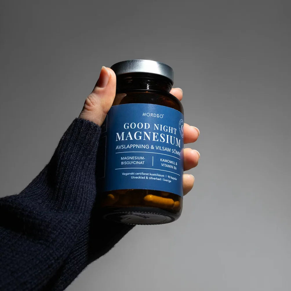 NORDBO Good Night Magnesium magnis su ramunėlėmis ir vitaminu B6 miegui ir atsipalaidavimui, 90 kaps.