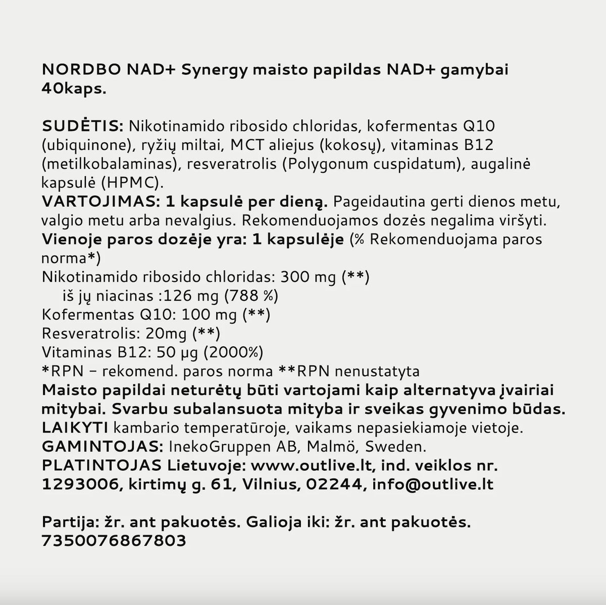 NORDBO NAD+ Synergy kompleksas su nikotinamido ribozidu ir kofermentu Q10, 40  kapsulių