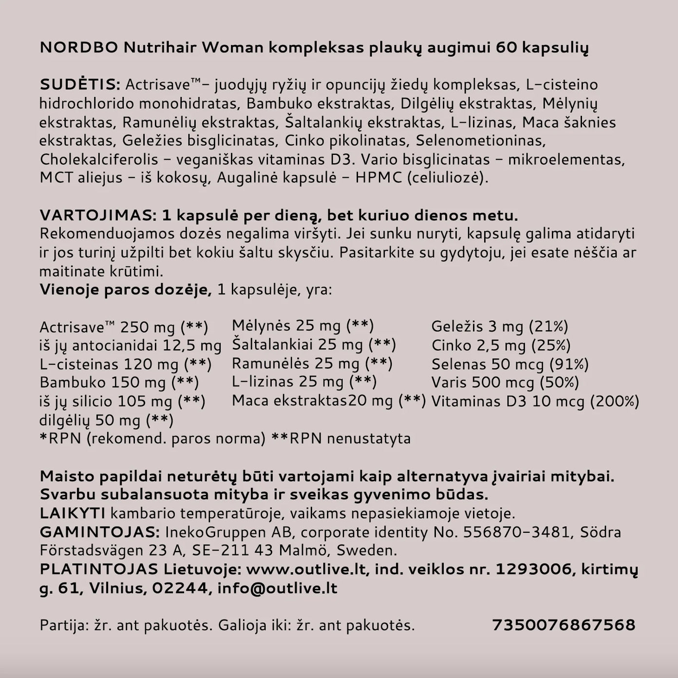 NORDBO Nutrihair Woman kompleksas moterų plaukų augimui, 60 kapsulių