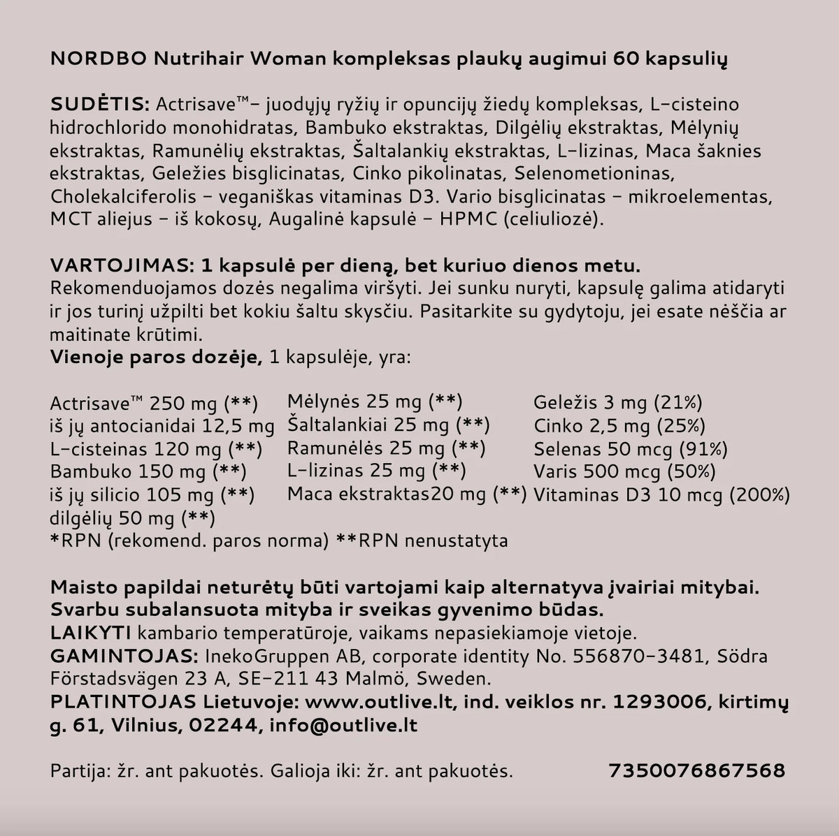 NORDBO Nutrihair Woman kompleksas moterų plaukų augimui, 60 kapsulių
