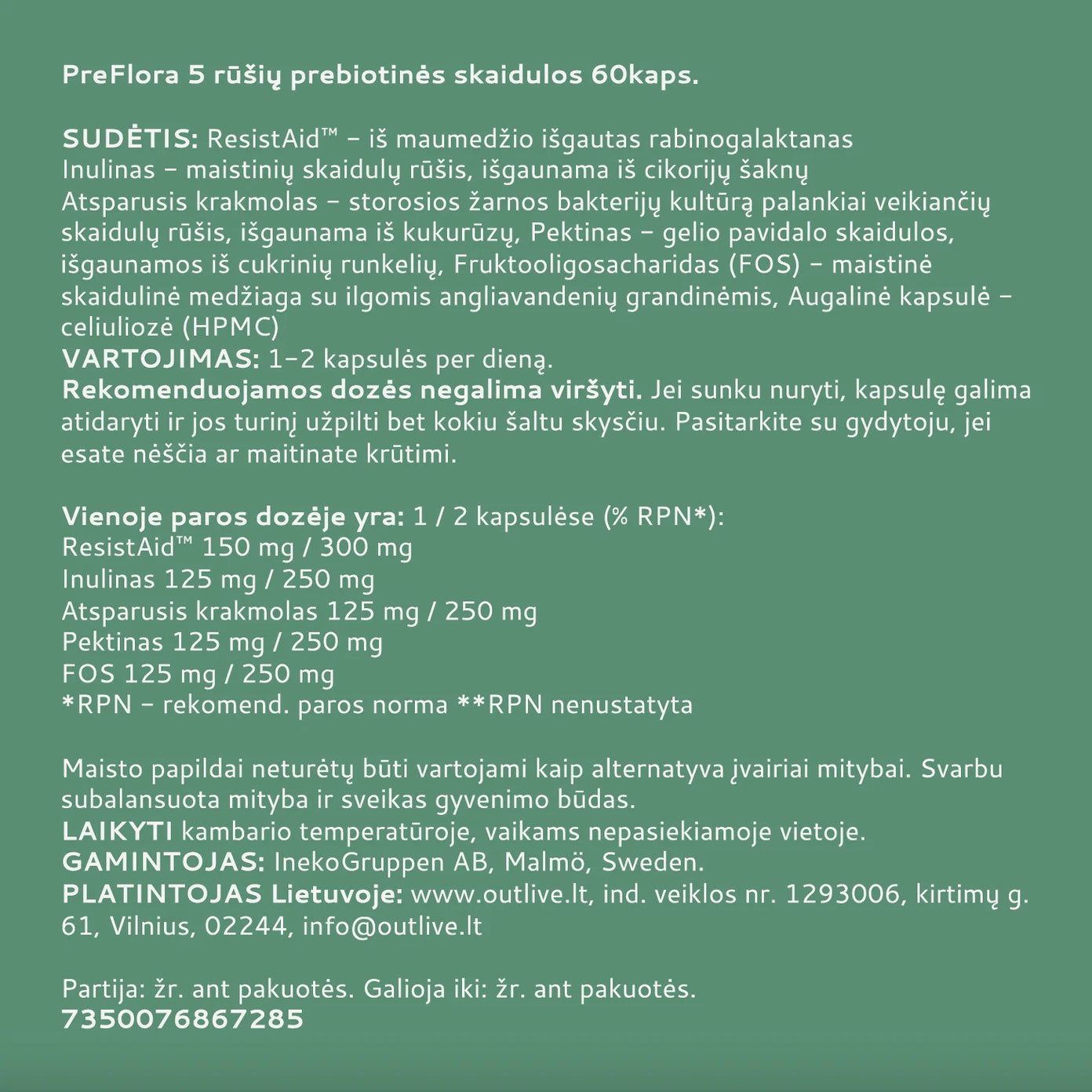 NORDBO PreFlora 5 rūšių prebiotinės skaidulos žarnynui, 60 kapsulių