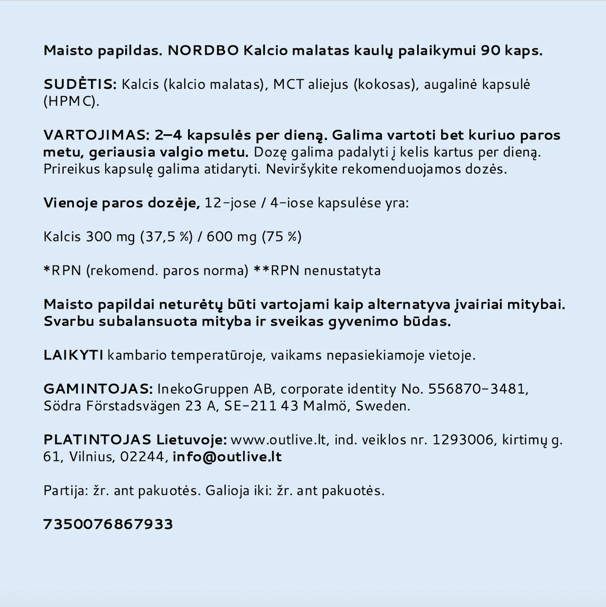NORDBO Pure Calcium grynas kalcis (kalcio malatas) kaulams, 90 kaps.