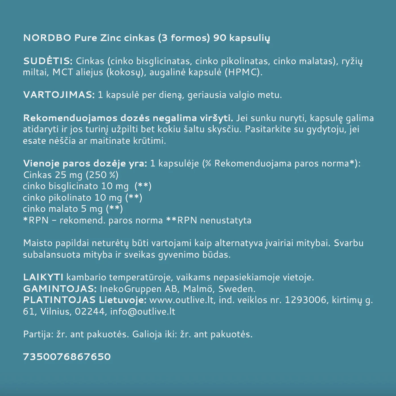 NORDBO Pure Zinc cinkas (3 formos), 90 kaps.