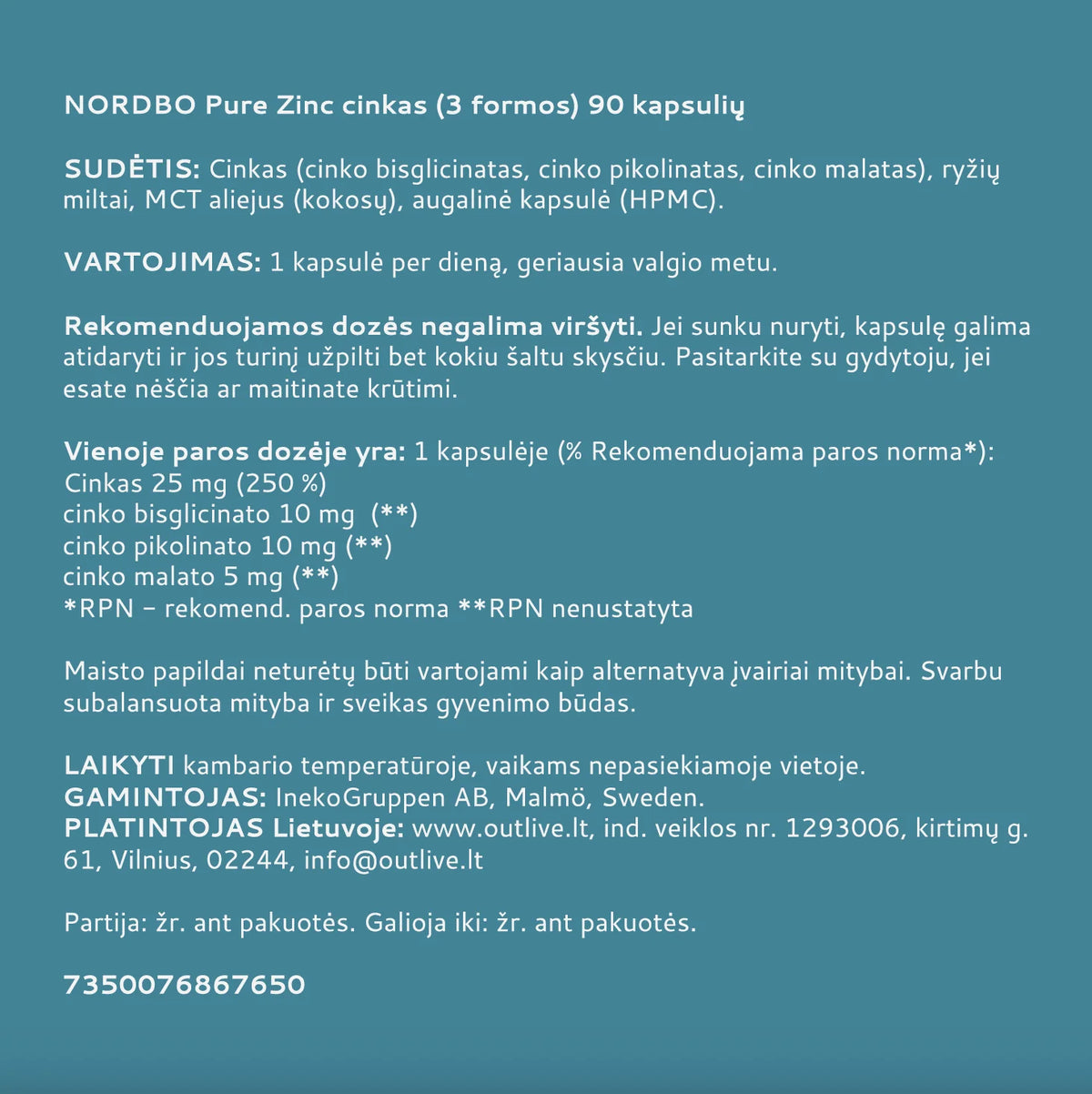 NORDBO Pure Zinc cinkas (3 formos), 90 kaps.