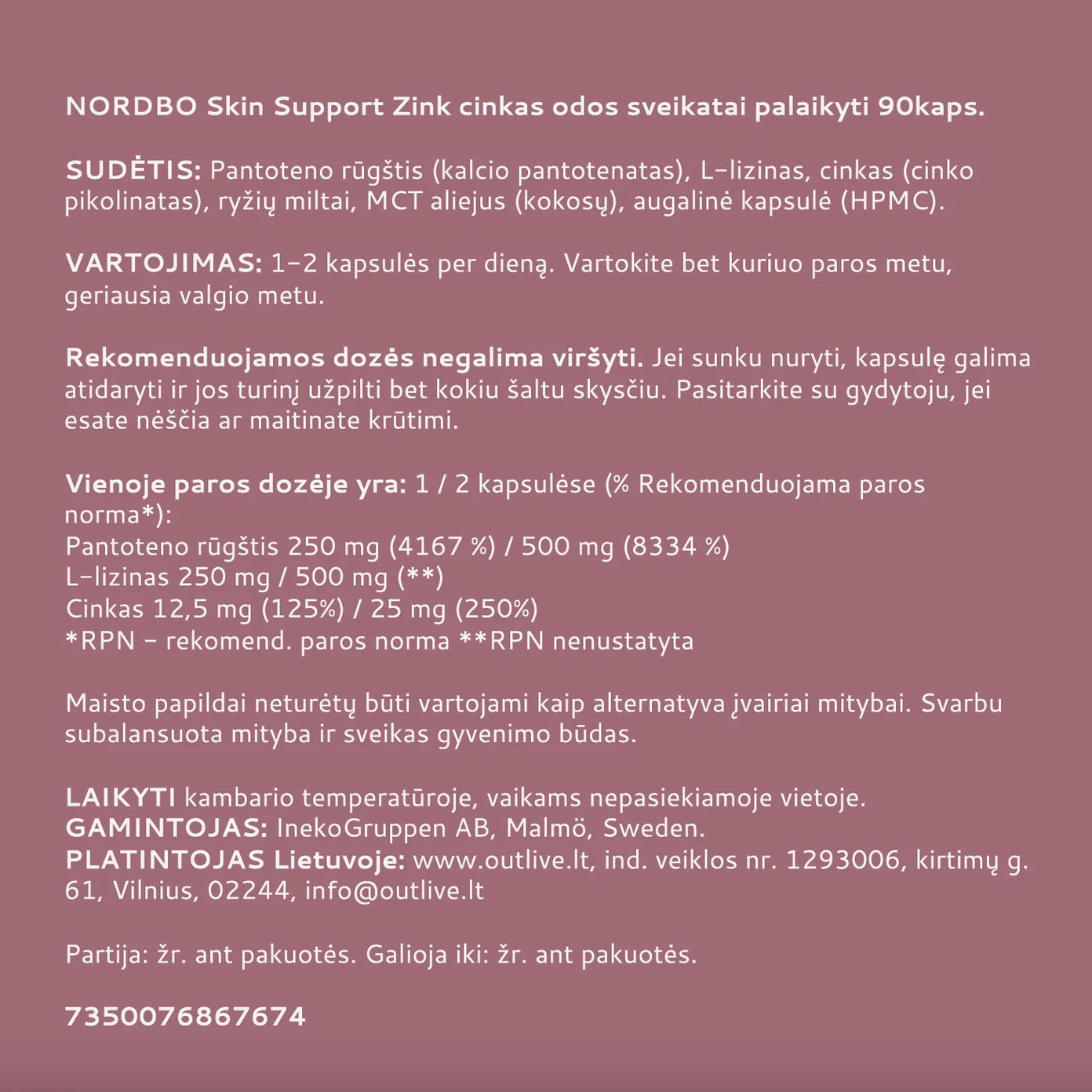 NORDBO Skin Support Zink cinkas su vitaminu B5 ir L-lizinu odai, 90  kapsulių