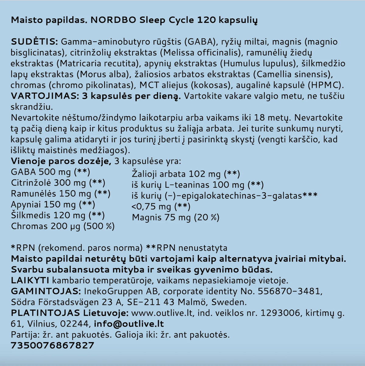 NORDBO Sleep Cycle su GABA, melisa ir L-teaninu miego kokybei, 120 kapsulių