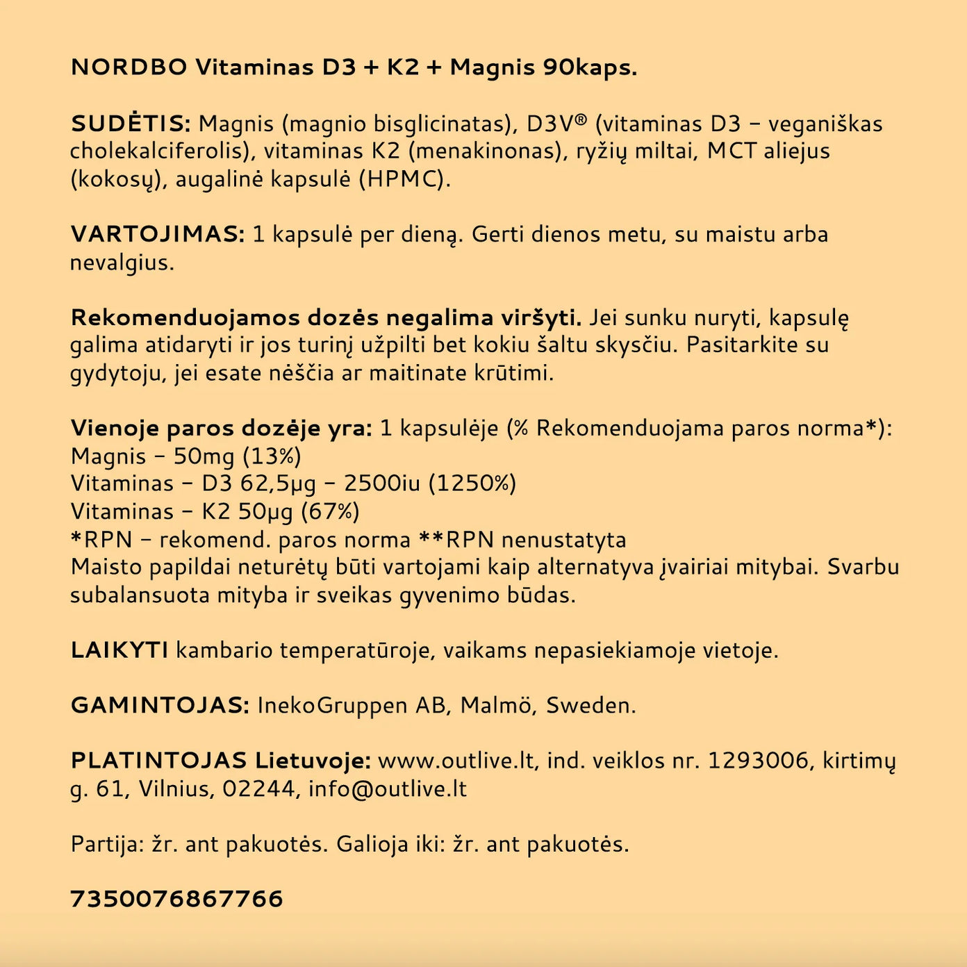 NORDBO vitaminas D3 + K2 + magnis , 90 kapsulių