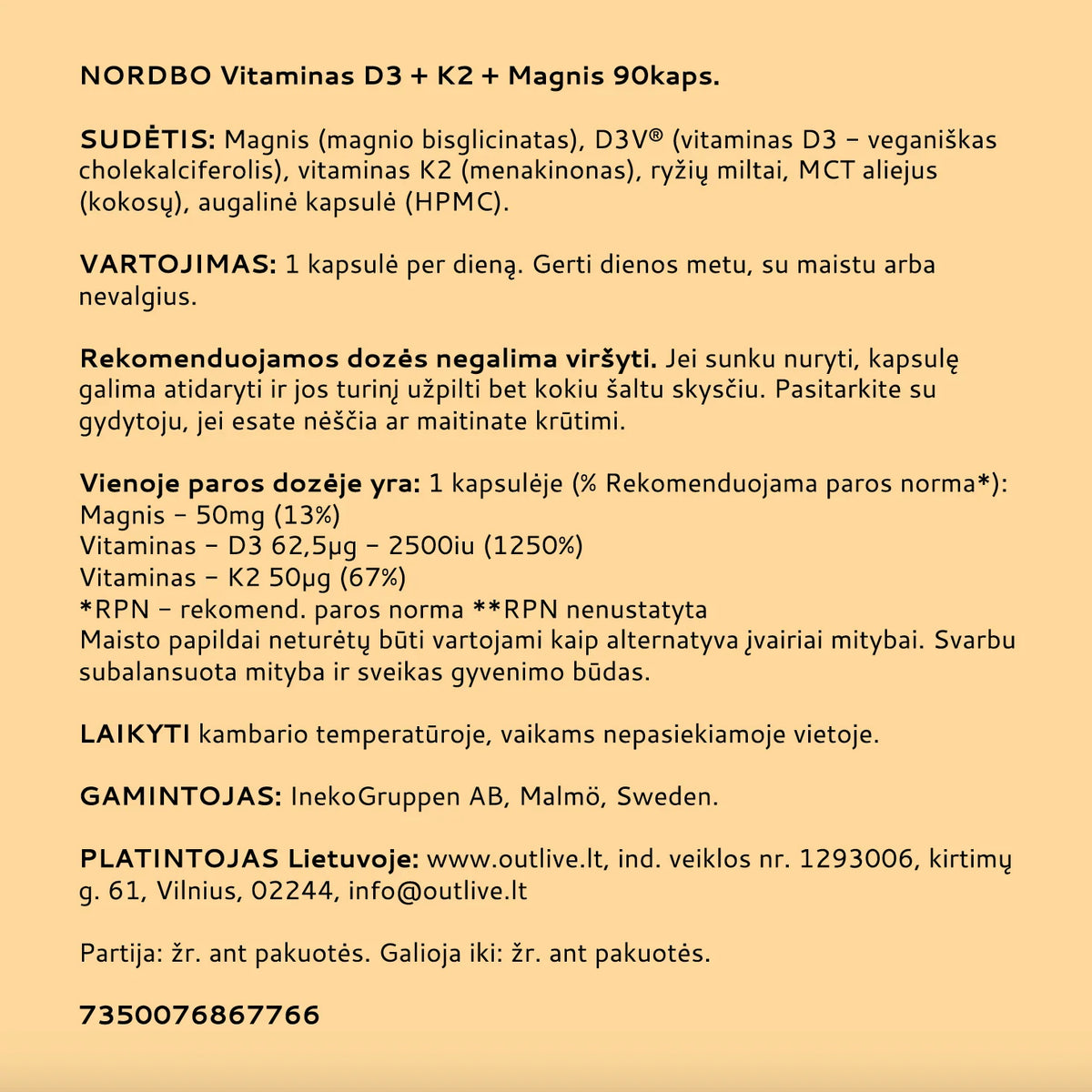 NORDBO vitaminas D3 + K2 + magnis , 90 kapsulių