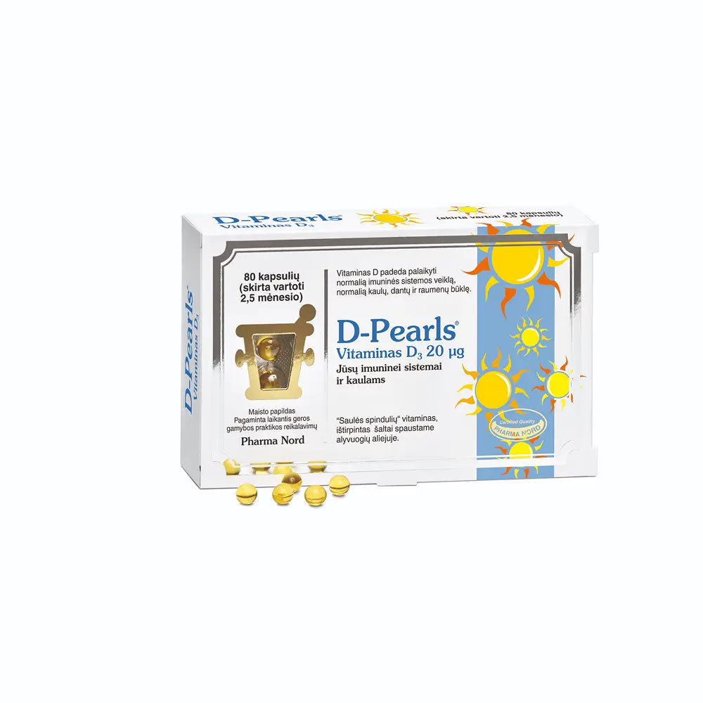 PHARMA NORD D-PEARLS, vitaminas D3, 1 20 mcg, 80 kapsulių