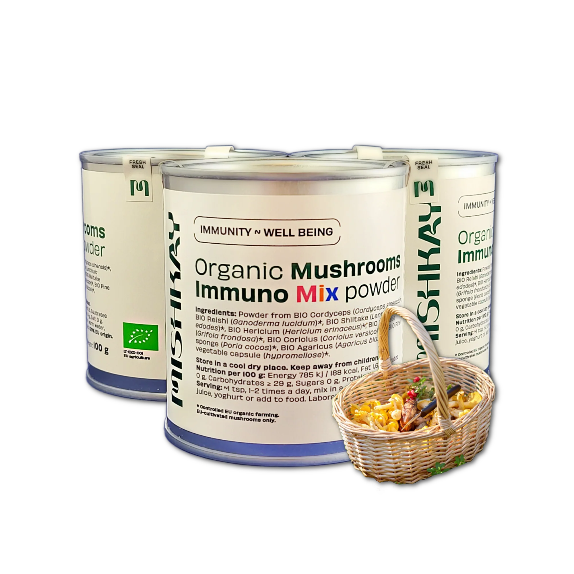 PJAUNU GRYBĄ, EKO džiovintų grybų milteliai (ausiagrybis,
turkey tail, immuno mix, lion‘s mane PLUS+), 100 g