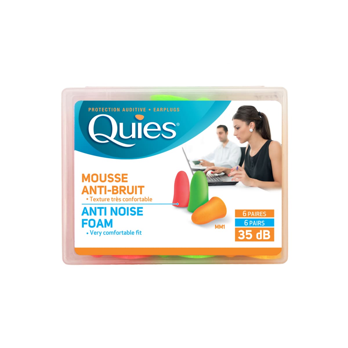 QUIES apsauginiai ausų kištukai iš poliuretano putos, ryškių spalvų, 6 poros