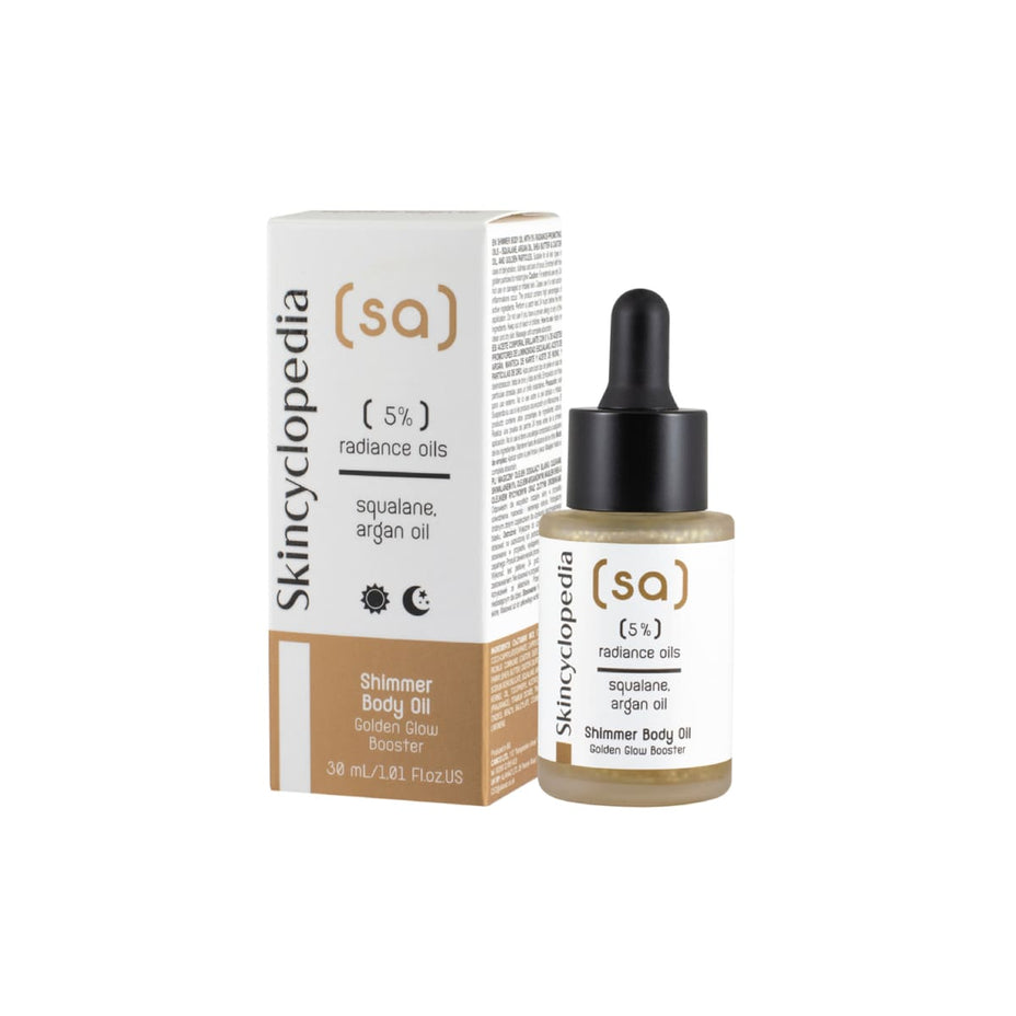 Skincyclopedia blizgesio suteikiantis kūno aliejus su 5% spindesį skatinančiais aliejais,skvalenu, arganų aliejumi ir aukso dalelėmis, 30ml
