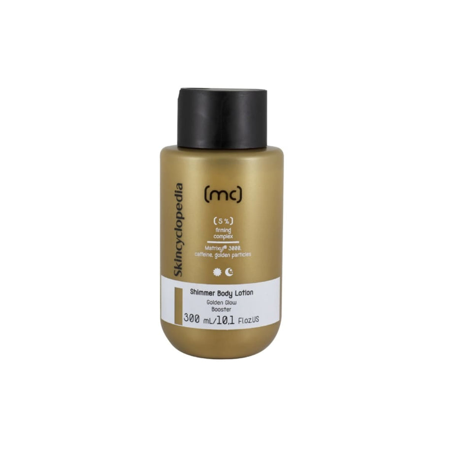 Skincyclopedia blizgesio suteikiantis kūno losjonas su 5% stangrinamuoju kompleksu, Matrixyl®3000 kompleksu, kofeinu, skvalenu ir aukso dalelėmis, 300ml