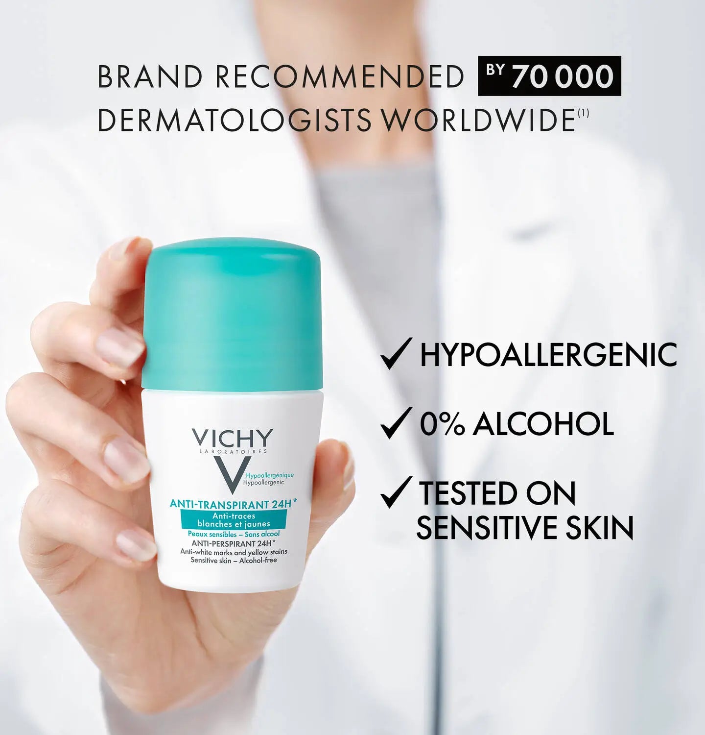 VICHY rutulinis dezodorantas antiperspirantas 48H, nepaliekantis žymių, 50 ml