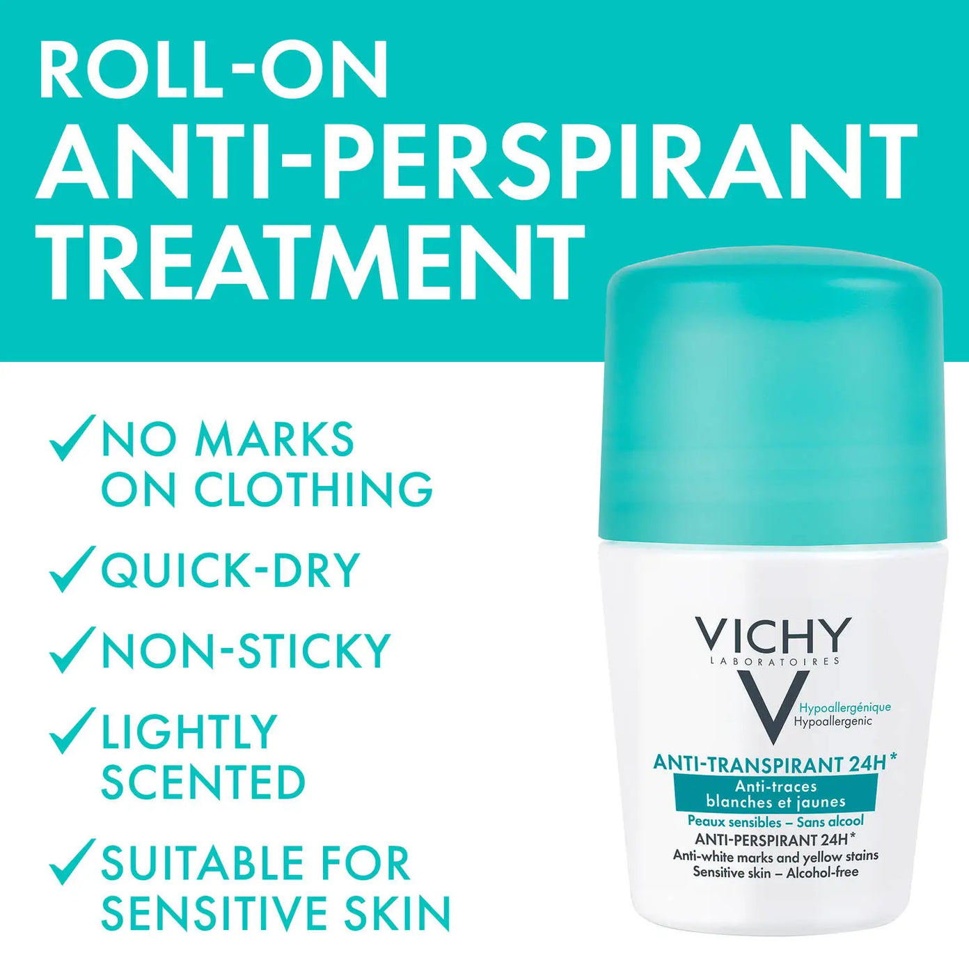 VICHY rutulinis dezodorantas antiperspirantas 48H, nepaliekantis žymių, 50 ml