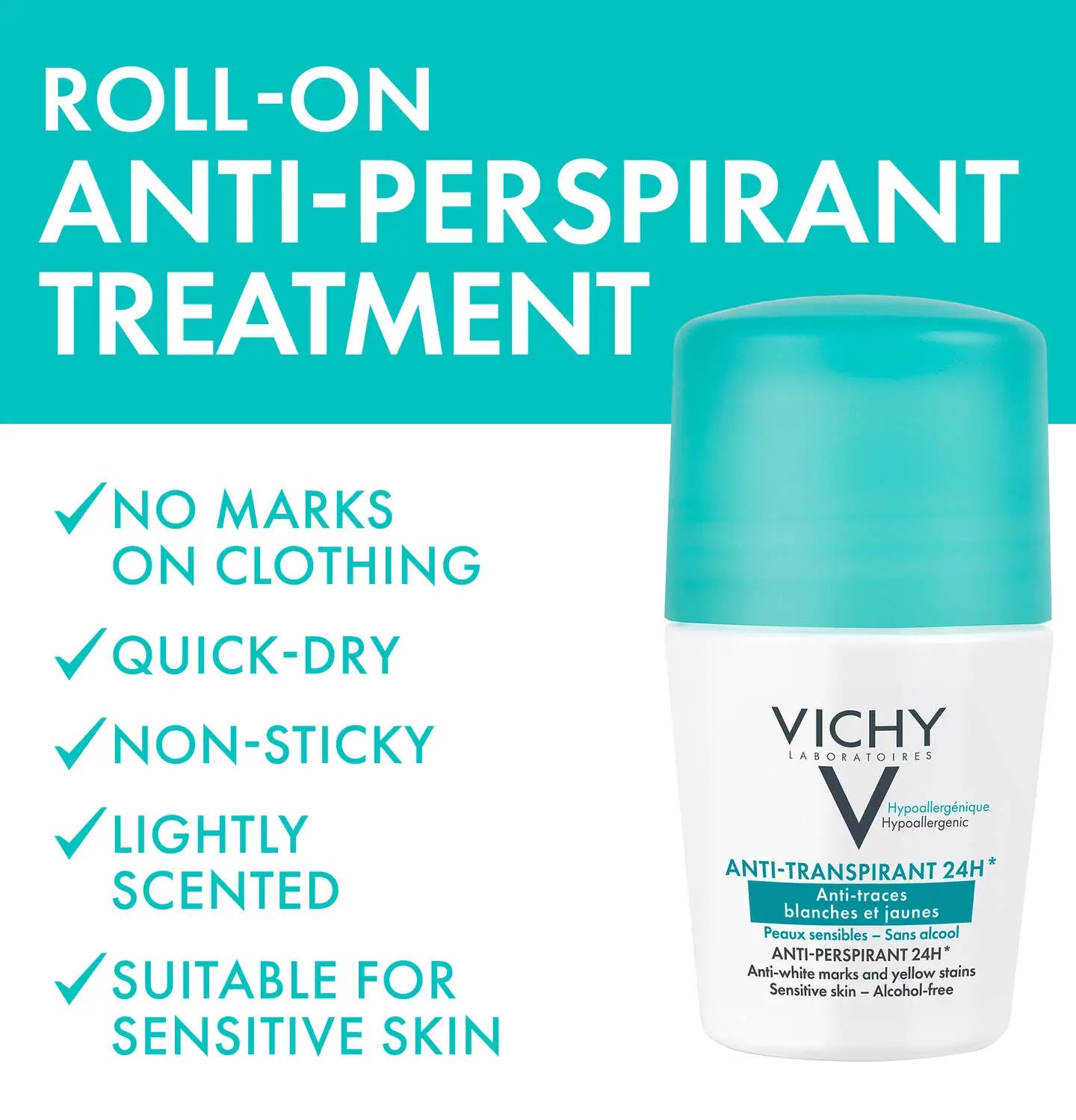 VICHY rutulinis dezodorantas antiperspirantas 48H, nepaliekantis žymių, 50 ml
